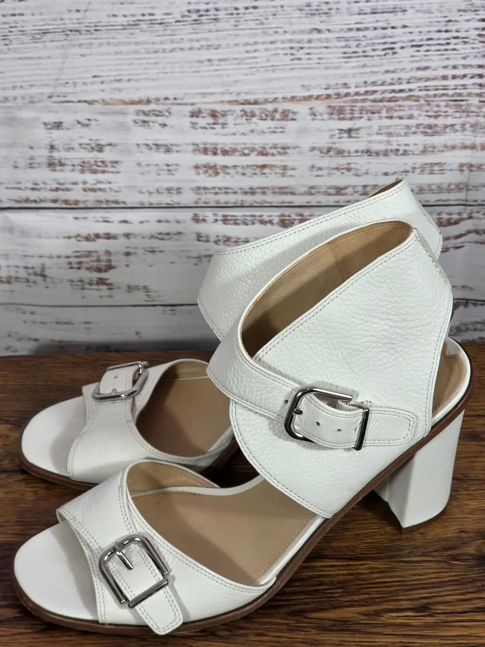 Via Spiga White Leather Block Heel Sandals 9.5 Buckle Ankle Wrap Italy 41